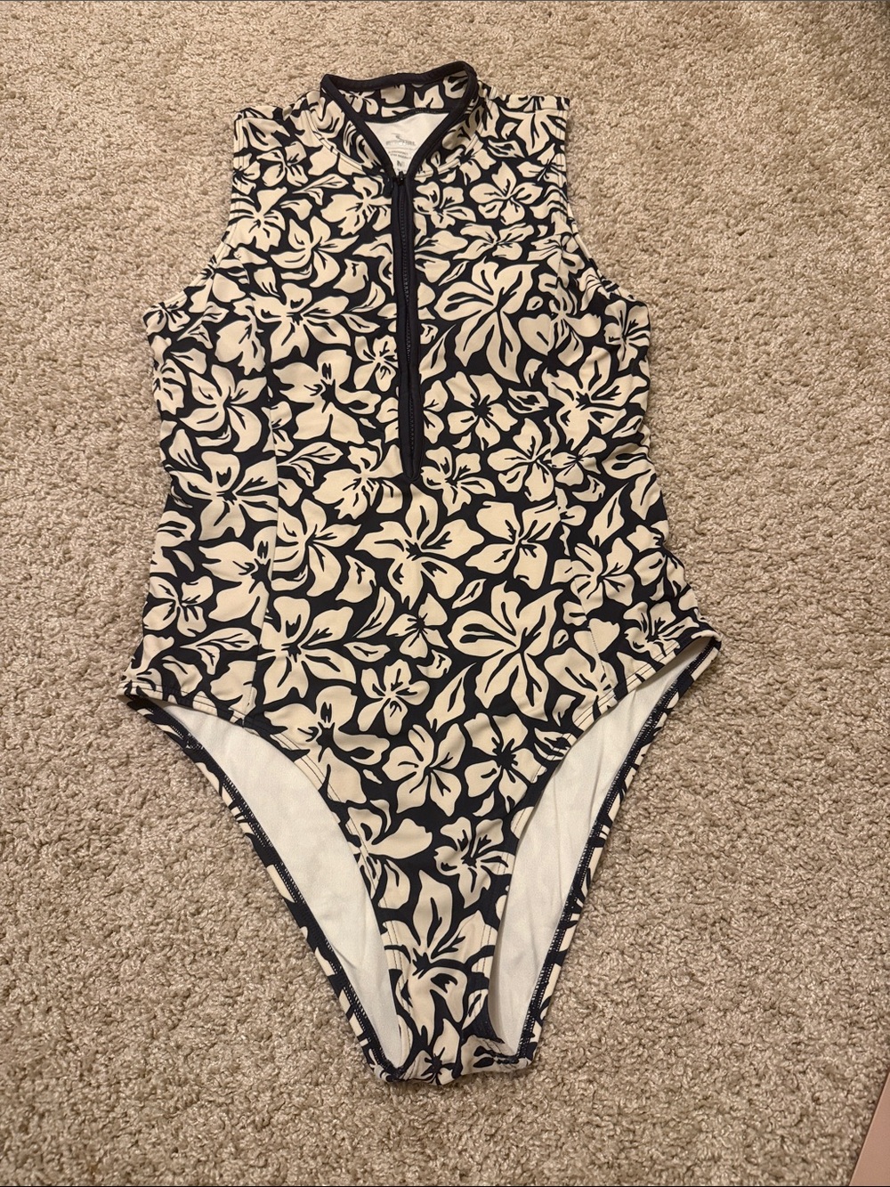 Rip Curl Black & Cream Floral Zip Front One-Piece Swimsuit